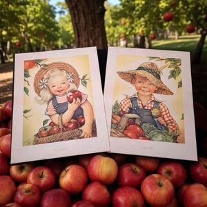 Set of 2 Charlotte Byj Lithographs Rosy Cheeks & Freckle Face 1940s Vintage